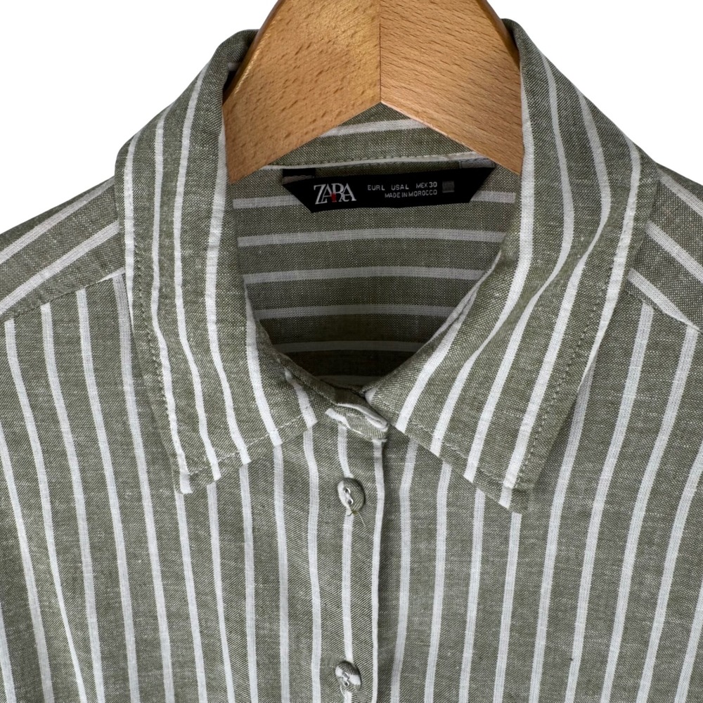 Zara Linen Striped Oversized Button Down Shirt Womens L Green White French Cuffs - Picture 3 of 8